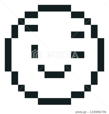 Happy winking emoji emoticon vector pixel art, black outline smile face with winks eye, cute 8 bit videogame joke avatar Happy winking emoji emoticon vector pixel art, black outline smile face with winks eye, cute 8 bit videogame joke avatar 128996736