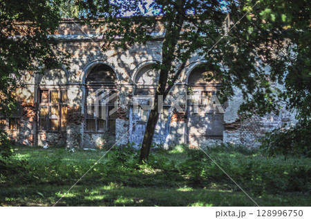 Old, Damaged Brick Building Bathed in Sunlight Amidst Green Trees Old, Damaged Brick Building Bathed in Sunlight Amidst Green Trees 128996750