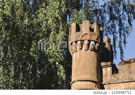 Old Brown Castle-like Building Column with Green Willow Branches in Background 128996752