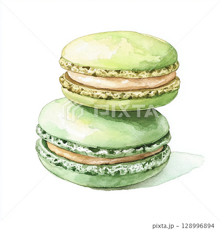 Watercolor mint macaroons. Pastry picture for design on white background 128996894