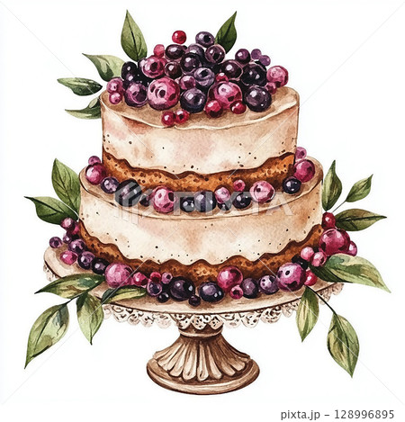 Watercolor cake with cream drips and pink berries. Pastry picture for design on white background 128996895
