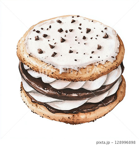 Watercolor cookies with chocolate and cream. Bakery picture for design on white background 128996898
