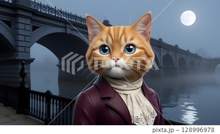 mystical night atmosphere on an old stone bridge with victorian dressed cat and ethereal mist for dramatic storytelling and gothic backgrounds mystical night atmosphere on an old stone bridge with victorian dressed cat and ethereal mist for dramatic storytelling and gothic backgrounds 128996978