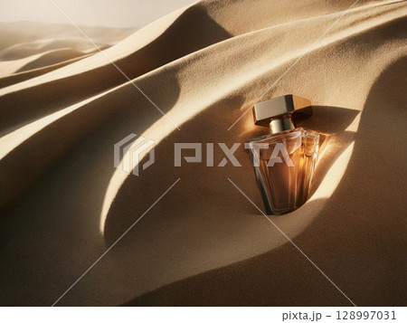 Minimalist luxury perfume bottle placed on golden desert dunes with curved soft shadows and clean styling 128997031