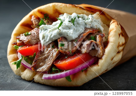 Close-Up of Greek Gyro with Tzatziki, Onions, Tomato, and Grilled Meat 128997055