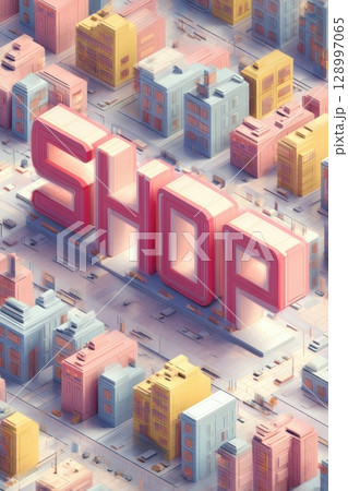 3D Isometric Illustration of Block Letters Spelling SHOP in Urban Setting 128997065