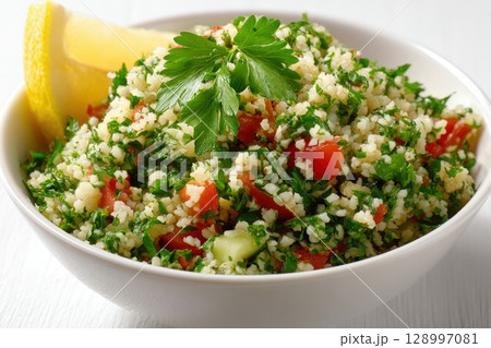Fresh Tabbouleh Salad with Parsley, Tomato, Bulgur, and Lemon on White Background 128997081