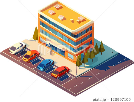 ビルと駐車場 128997100