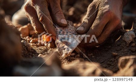 Archaeologist Brushing Dirt Off Ancient Pottery Shard at Excavation Site 128997149