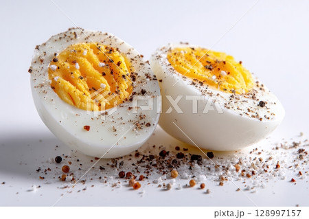 Sliced Boiled Egg with Salt and Pepper on White Background Sliced Boiled Egg with Salt and Pepper on White Background 128997157