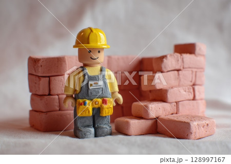 Clay Construction Worker Figurine with Yellow Helmet and Brick Wall 128997167