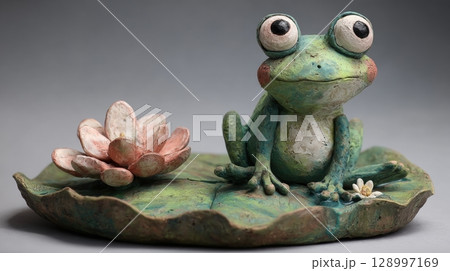 Whimsical Green Clay Frog on Lily Pad with Flower Sculpture 128997169
