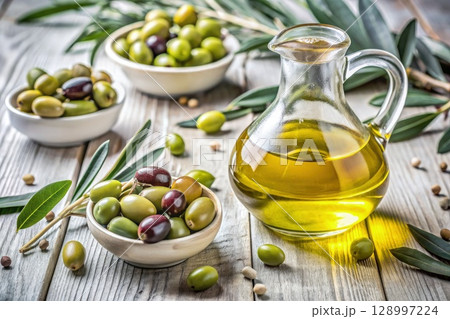 Bottle of Olive Oil and Bowls of Olives. Generative AI Bottle of Olive Oil and Bowls of Olives. Generative AI 128997224