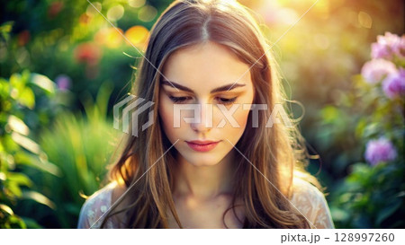 Woman With Long Hair Looking Down at Cell Phone. Generative AI Woman With Long Hair Looking Down at Cell Phone. Generative AI 128997260