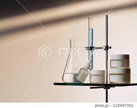 Skincare cream jars and serum dropper with scientific glassware on minimalist lab shelf illuminated by warm light and soft shadows 128997302