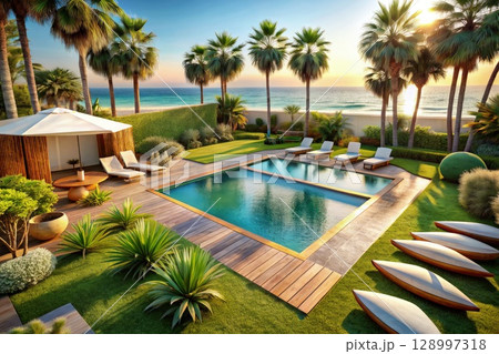 Large Swimming Pool Surrounded by Palm Trees. Generative AI 128997318