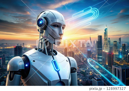 Robot With Headphones Standing in Front of City. Generative AI 128997327