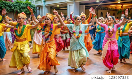 Group of Women Dancing in Colorful Outfits. Generative AI 128997328