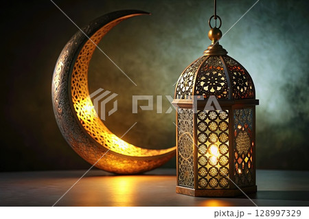 Lantern on Table Beside Crescent. Generative AI 128997329