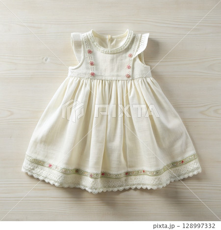 White Dress on Wooden Floor. Generative AI 128997332