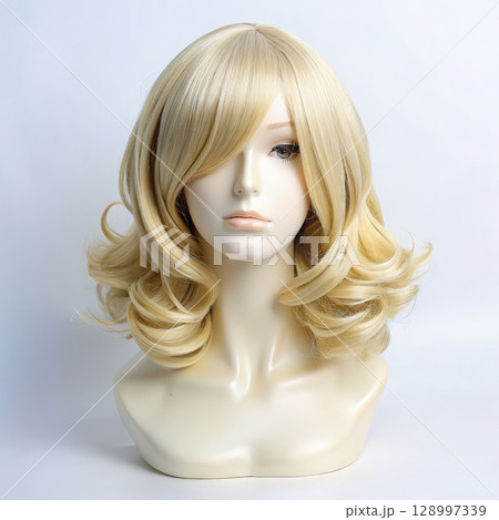 Blonde Wig on White Mannequin Head. Generative AI Blonde Wig on White Mannequin Head. Generative AI 128997339