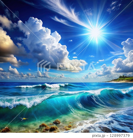A Painting of a Beach With Waves and Clouds. Generative AI 128997379