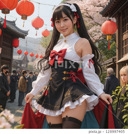 春の日本でコスプレ衣装を着た笑顔の女性 128997405