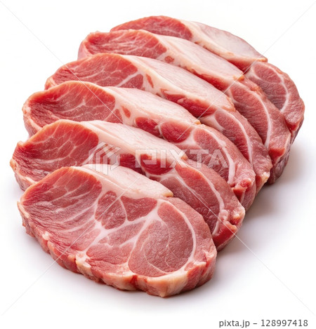 Four Pieces of Raw Meat on White Background. Generative AI 128997418