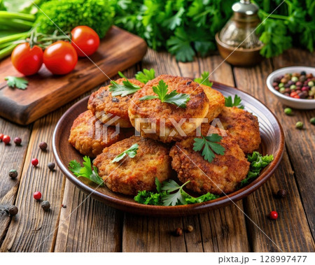 Plate of Crab Cakes on Wooden Table. Generative AI 128997477