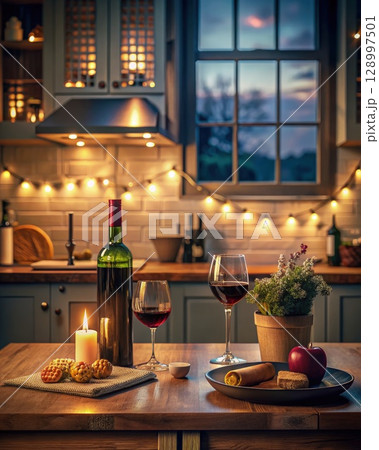 Wooden Table With Wine Bottle and Glasses. Generative AI 128997501