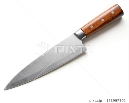Wooden Handle Kitchen Knife on White Background. Generative AI 128997502