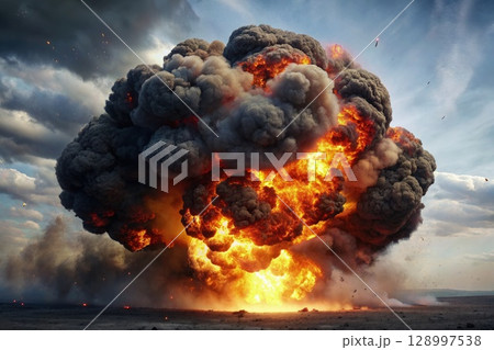 Massive Black Smoke Cloud Rises in the Air. Generative AI 128997538