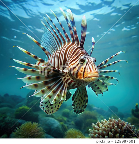 Lionfish Swimming Near Coral Reef. Generative AI 128997601