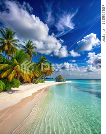 Tropical Beach With Palm Trees and Hut. Generative AI 128997687