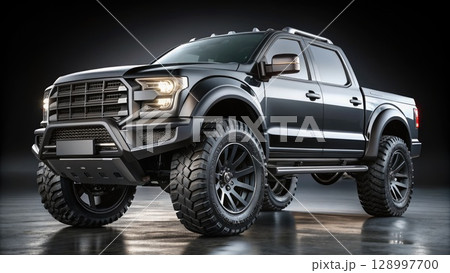 Black Truck Parked in Dark Room. Generative AI 128997700