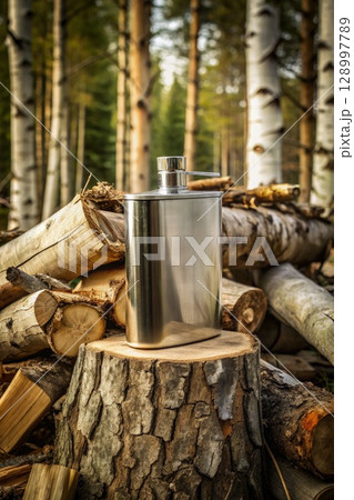Stainless Steel Flask Resting on Tree Stump. Generative AI 128997789