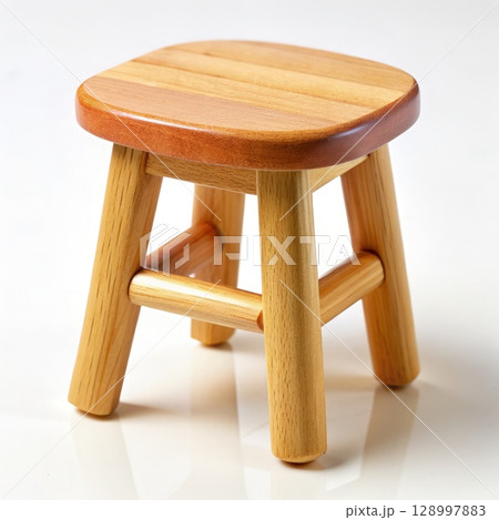 Wooden Stool on White Floor. Generative AI 128997883