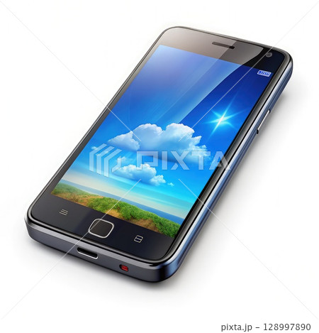 Black Cell Phone With Sky Background. Generative AI 128997890