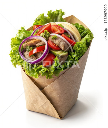 Fresh Wrap With Lettuce, Tomatoes, Onions, and Meat. Generative AI Fresh Wrap With Lettuce, Tomatoes, Onions, and Meat. Generative AI 128997900