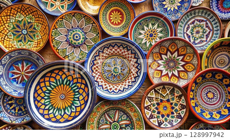 Assorted Plates Arranged on Table. Generative AI Assorted Plates Arranged on Table. Generative AI 128997942