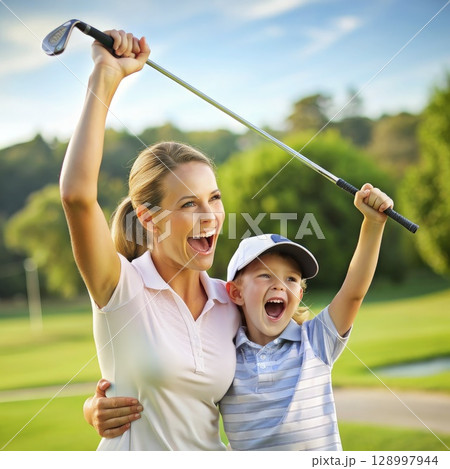 Woman and Boy Playing Golf. Generative AI 128997944