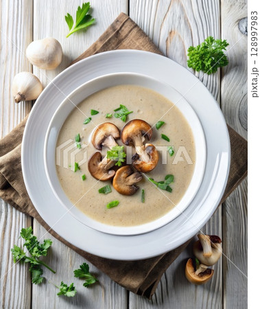 Bowl of Soup With Mushrooms and Parsley. Generative AI Bowl of Soup With Mushrooms and Parsley. Generative AI 128997983