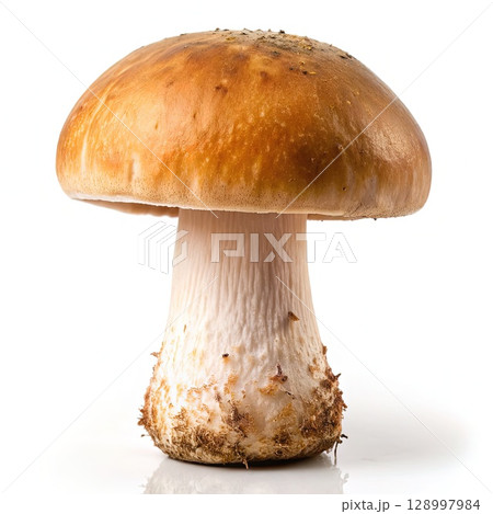 Close Up of Mushroom on White Background. Generative AI 128997984