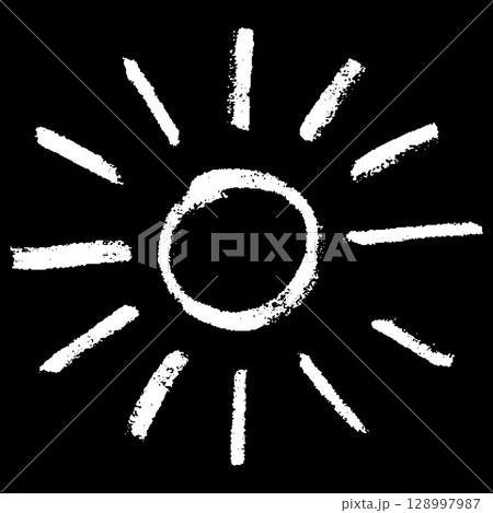 Hand drawn sun with white chalk, marker, brush, children's drawing, doodle. 128997987
