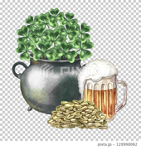 Cast iron pot with a shamrock, a pile of coins, and a mug of beer for St. Patrick s Day. Hand-drawn watercolor illustration. For greeting cards, banners and flyers, packaging, invitations. 128998062