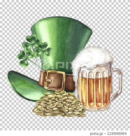 A leprechaun's cylinder, a beer mug, and a pile of coins. Hand-drawn watercolor illustration. Conceptual design for St. Patrick's Day. For greeting cards, banners and flyers, and festive decor. A leprechaun's cylinder, a beer mug, and a pile of coins. Hand-drawn watercolor illustration. Conceptual design for St. Patrick's Day. For greeting cards, banners and flyers, and festive decor. 128998064