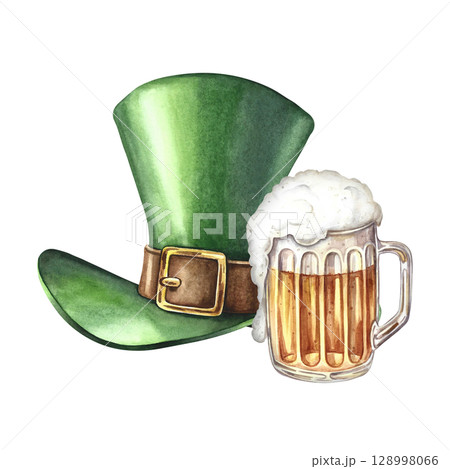 Leprechaun cylinder and beer mug. Hand-drawn watercolor illustration. Conceptual design for St. Patrick s Day. For greeting cards, banners and flyers, packaging, invitations, festive decor. Leprechaun cylinder and beer mug. Hand-drawn watercolor illustration. Conceptual design for St. Patrick s Day. For greeting cards, banners and flyers, packaging, invitations, festive decor. 128998066