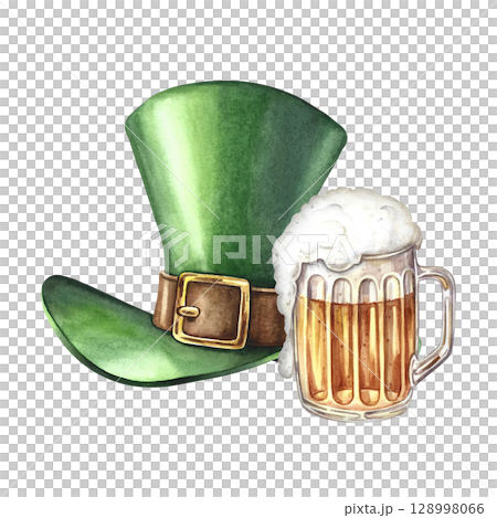 Leprechaun cylinder and beer mug. Hand-drawn watercolor illustration. Conceptual design for St. Patrick s Day. For greeting cards, banners and flyers, packaging, invitations, festive decor. Leprechaun cylinder and beer mug. Hand-drawn watercolor illustration. Conceptual design for St. Patrick s Day. For greeting cards, banners and flyers, packaging, invitations, festive decor. 128998066