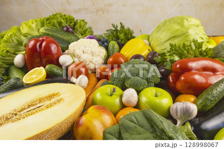 Close-up of a set of products for a healthy diet. Vegetarian food. Close-up of a set of products for a healthy diet. Vegetarian food. 128998067