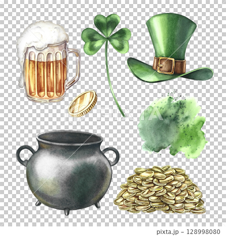 Set of St. Patrick's Day pictures. Hand-drawn watercolor illustrations. Leprechaun hat, cauldron, coins, clover, and beer mug. For greeting cards, banners and flyers, packaging, and festive decor. Set of St. Patrick's Day pictures. Hand-drawn watercolor illustrations. Leprechaun hat, cauldron, coins, clover, and beer mug. For greeting cards, banners and flyers, packaging, and festive decor. 128998080